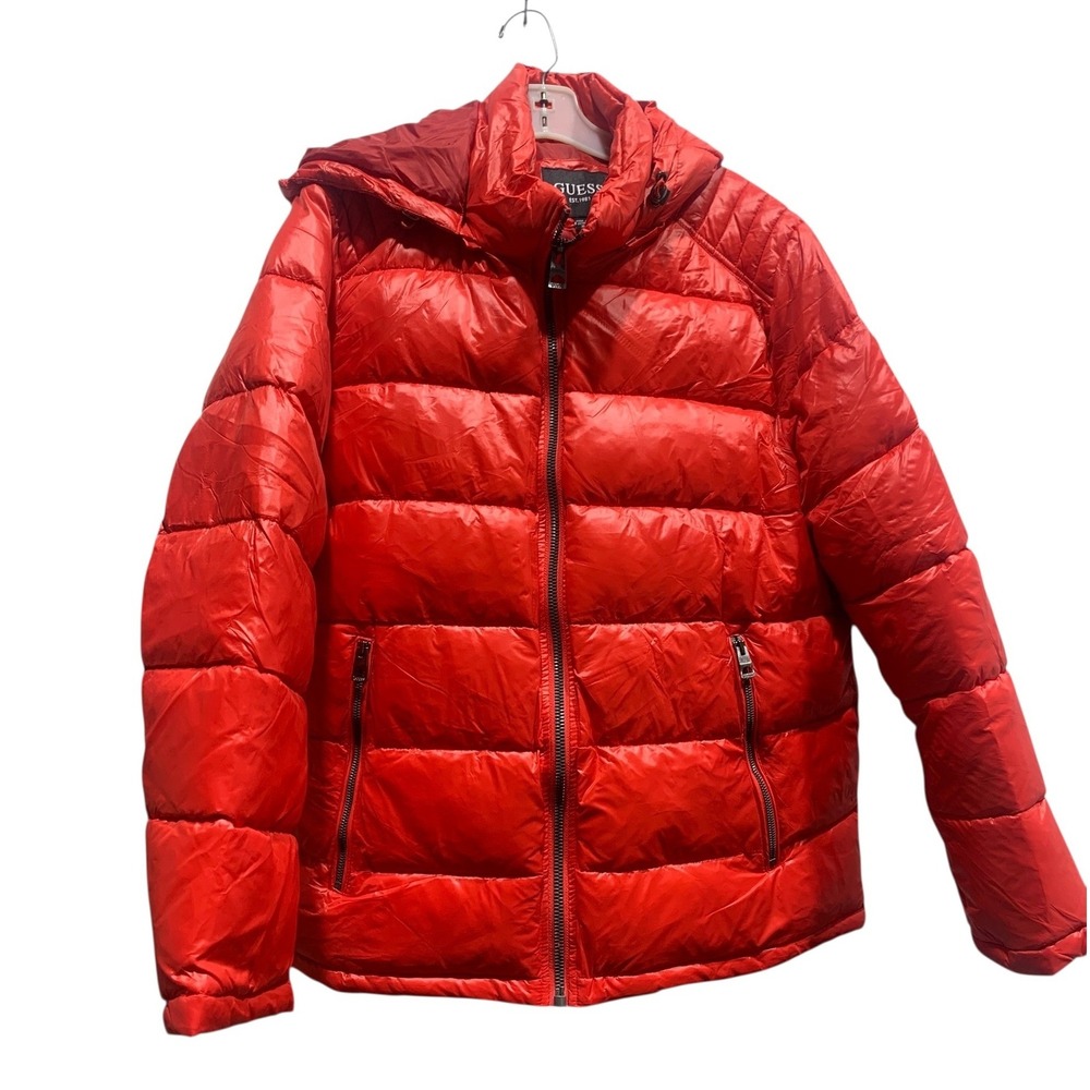 Guess Puffer Jacket Hooded Red Full Zip Zip Pockets Men XL
